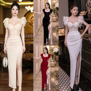 Đầm dạ hội tay đính lông vũ đính đá cao cấp