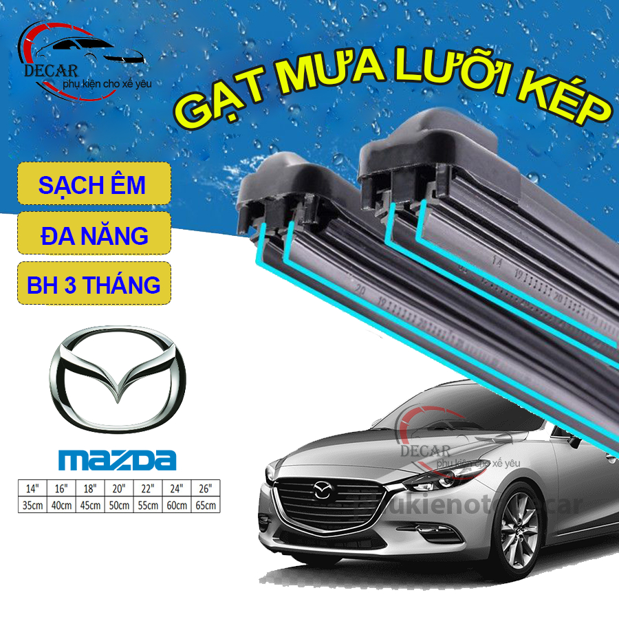 Thanh gạt mưa lưỡi kép cao cấp, bộ cần gạt kính nước mưa 2 lưỡi khung mềm ô tô Mazda 2, Mazda 3, Mazda 6, CX-5, CX-8