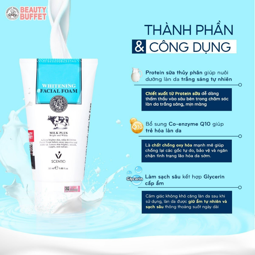 Ảnh Sữa rửa mặt trắng da và tạo bọt Beauty Buffet Scentio Milk Plus Whitening Q10  Facial Foam 50ml 4