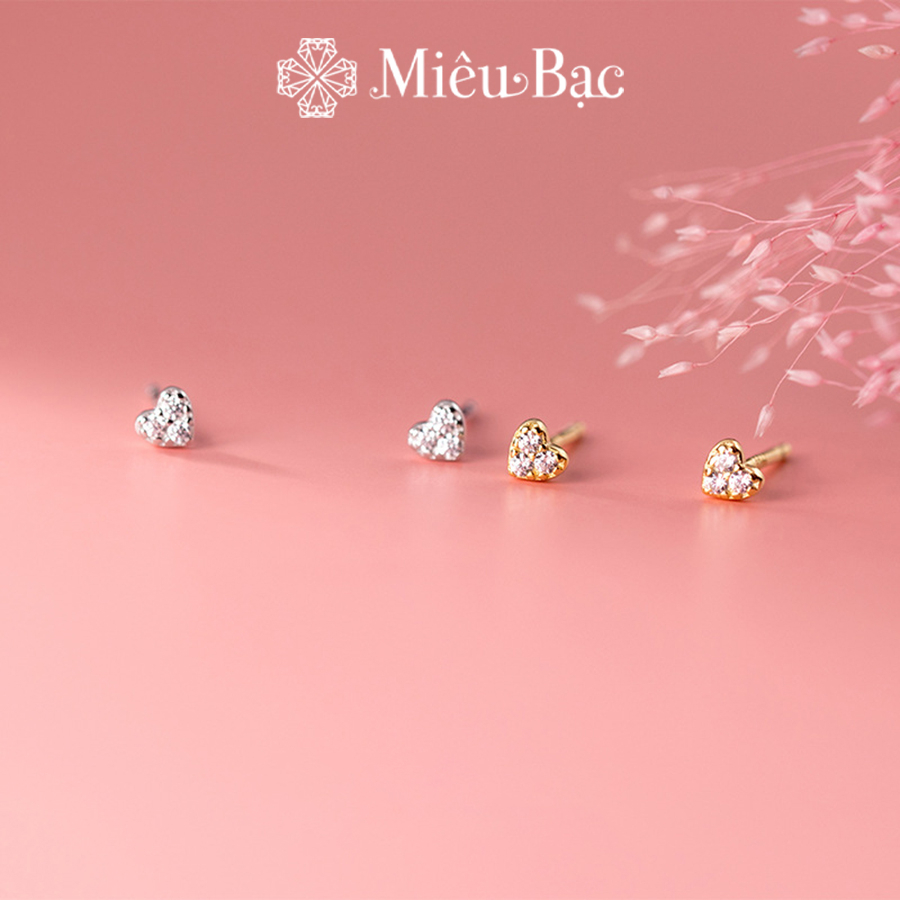 Bông tai nữ Miêu Bạc hình trái tim đính đá dễ thương chất liệu bạc 925 cao cấp 2 màu bạc vàng phụ kiện trang sức MB05