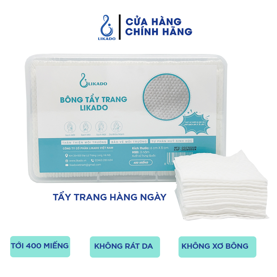 Bông tẩy trang Likado hộp 400 miếng kích thước 6cmx5cm