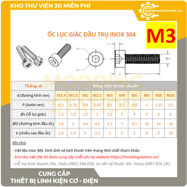 Ốc Lục giác đầu TRỤ inox 304 size M3x3, M3x4, M3x5, M3x6, M3x8, M3x10 ...