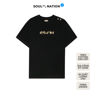 Áo thun unisex họa tiết in nhũ TRỐNG ĐỒNG ĐÔNG SƠN, PHỐI NÚT KIM LOẠI form basic 100% cotton cao cấp SOUL OF A NATION