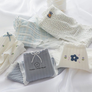 .Quần Lót Nữ Cotton Gân Tăm Viền Ren Bèo  Hoạ Tiết Hoa Xanh Kẻ mã 2829.