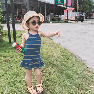 [D03 Siêu Sale] Váy tắm, đầm sát nách mùa hè sọc kẻ cotton sợi mềm mại, Váy đi biển cho bé gái**Maruka Fashion