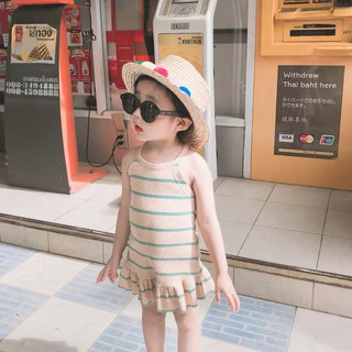 [D03 Siêu Sale] Váy tắm, đầm sát nách mùa hè sọc kẻ cotton sợi mềm mại, Váy đi biển cho bé gái**Maruka Fashion