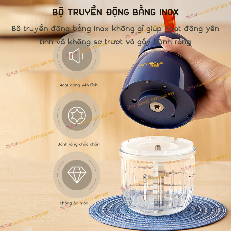 Ảnh Máy xay ăn dặm cho bé KidsWorld Hattiecs 8 lưỡi dao cối thuỷ tinh 300ml xay thịt xay sinh tố tỏi ớt 3