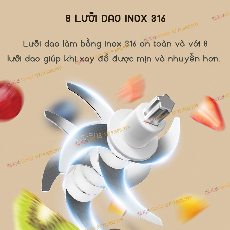 Ảnh Máy xay ăn dặm cho bé KidsWorld Hattiecs 8 lưỡi dao cối thuỷ tinh 300ml xay thịt xay sinh tố tỏi ớt 2