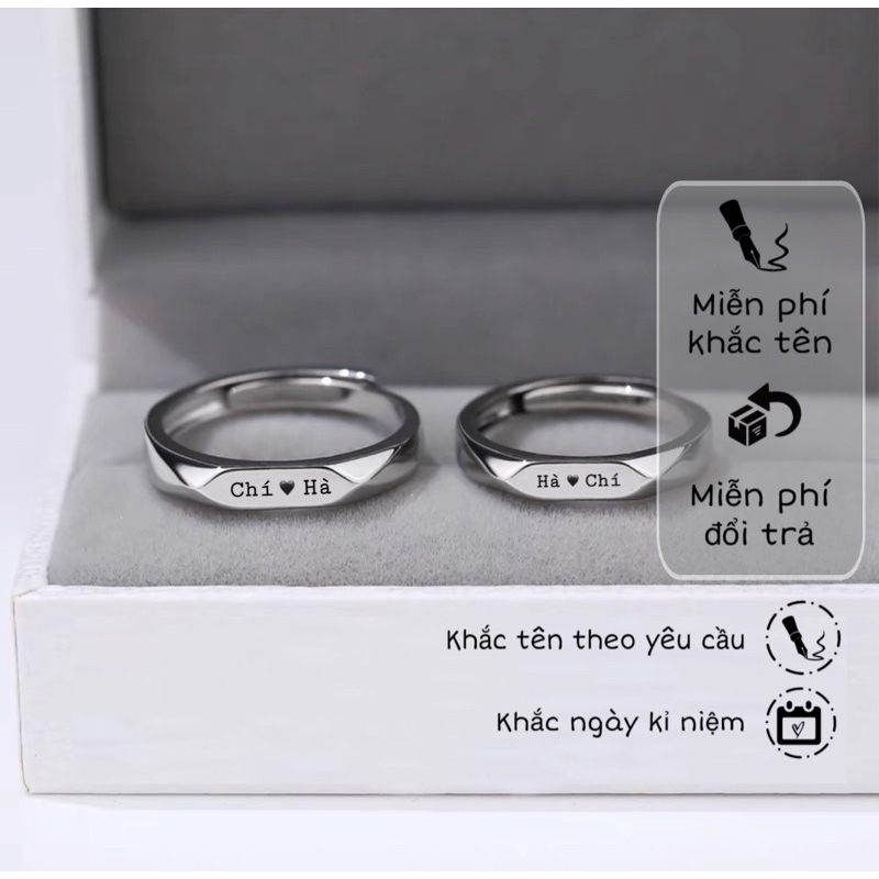 Nhẫn đôi nam nữ khắc tên, nhẫn thời trang freesize thanh lịch phù hợp làm quà tặng màu bạc 925 không gỉ