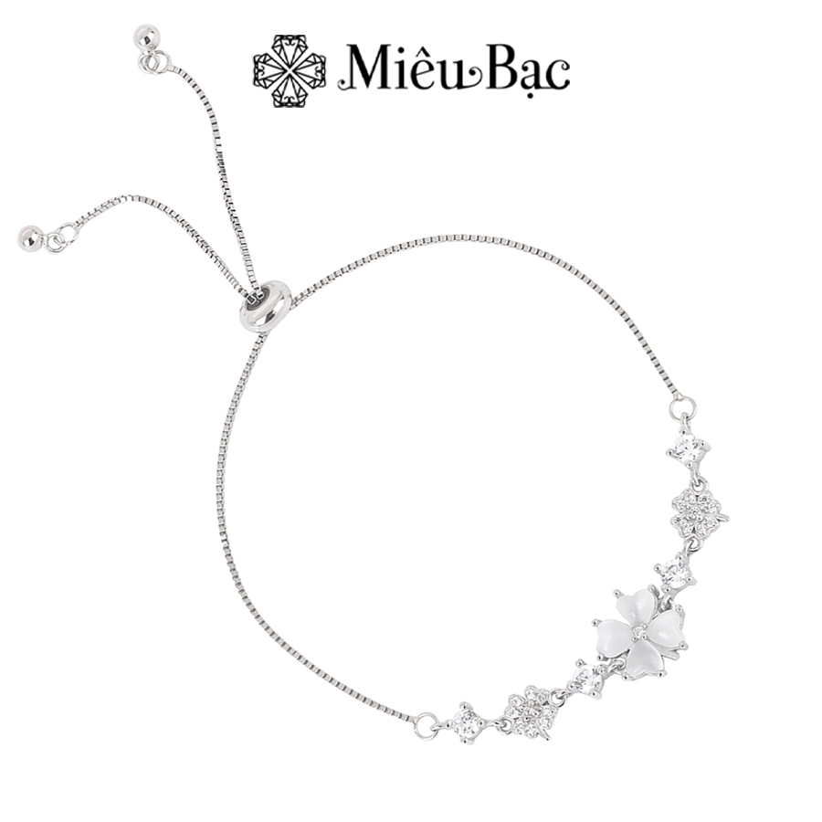 Lắc tay bạc nữ Miêu Bạc Vòng tay cỏ bốn lá đá trắng thiết kế dây rút điều chỉnh chất liệu bạc xi kim màu trắng xám MT01