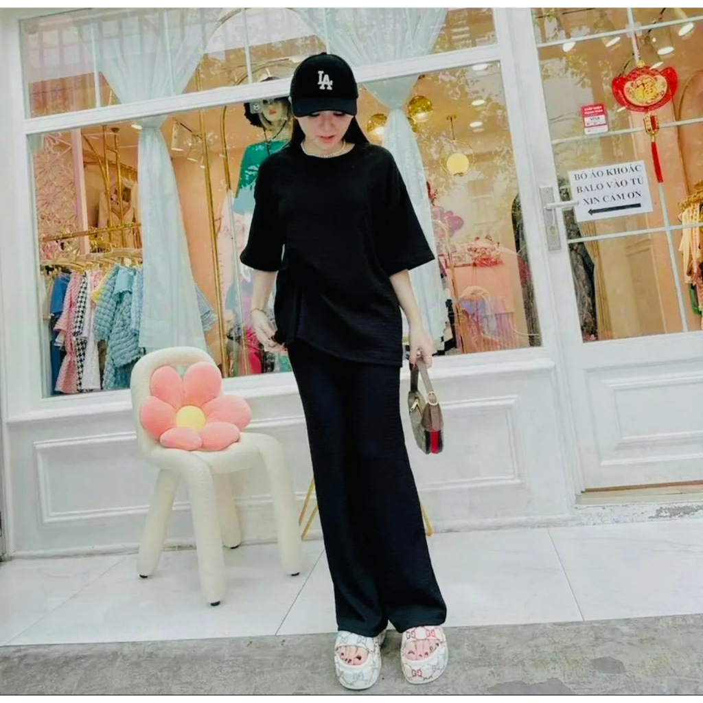 Đồ mặc nhà quần dài loe áo tay ngắn vải xốp ESHOP đồ bộ nữ vải sốp co giãn đẹp dễ thương set bộ xinh DS68