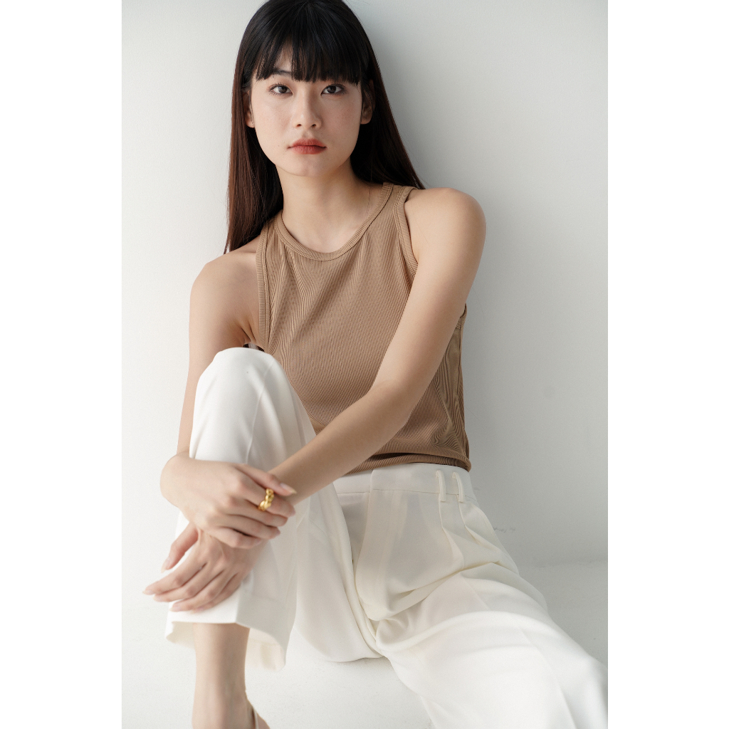 Ảnh Áo Tank Top Nữ MONOTALK Chất Cotton Kẻ Tăm Dáng Ôm Cổ Yếm T20001FT 4