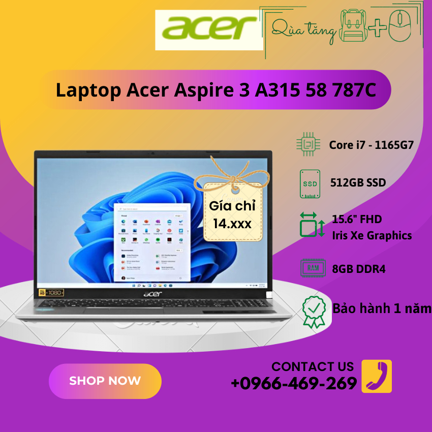 Laptop Acer Aspire 3 A315 58 787C I7 1165G7 8GB 512GB Win11 NX ADDSV