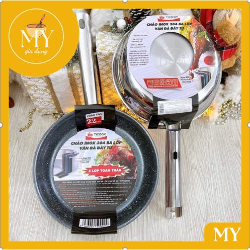 Chảo chống dính VÂN ĐÁ Inox 304  CAO CẤP TICOOK 3 LỚP TOÀN THÂN -  dùng mọi loại bếp