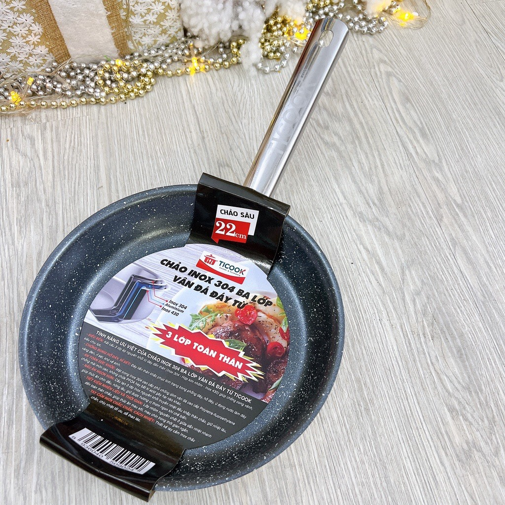 Chảo chống dính VÂN ĐÁ Inox 304  CAO CẤP TICOOK 3 LỚP TOÀN THÂN -  dùng mọi loại bếp