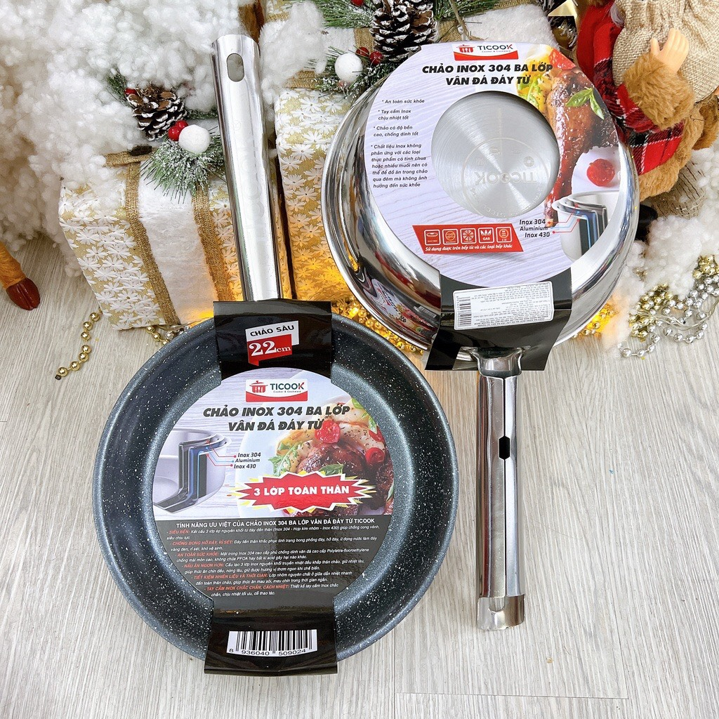 Chảo chống dính VÂN ĐÁ Inox 304  CAO CẤP TICOOK 3 LỚP TOÀN THÂN -  dùng mọi loại bếp