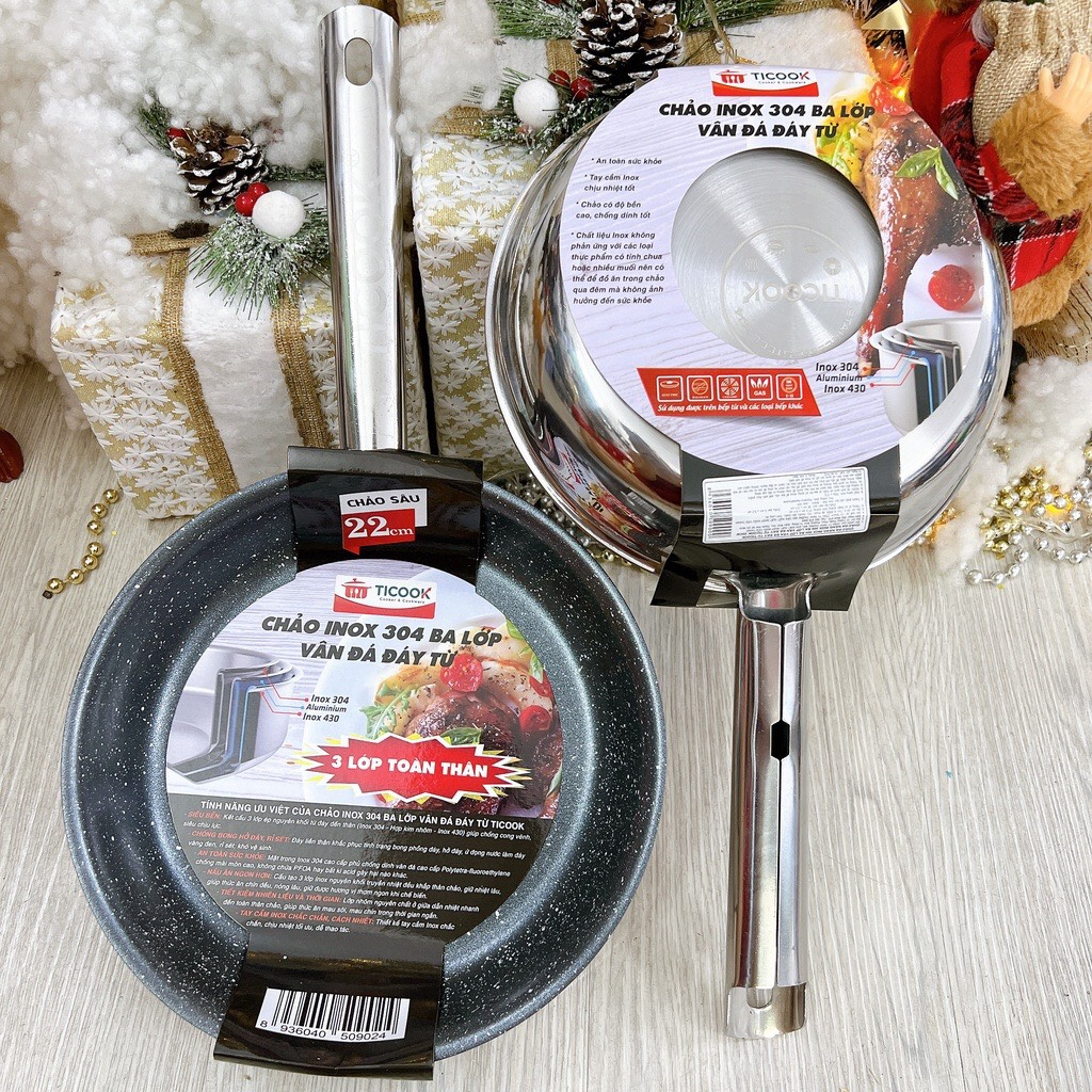 Chảo chống dính VÂN ĐÁ Inox 304  CAO CẤP TICOOK 3 LỚP TOÀN THÂN -  dùng mọi loại bếp