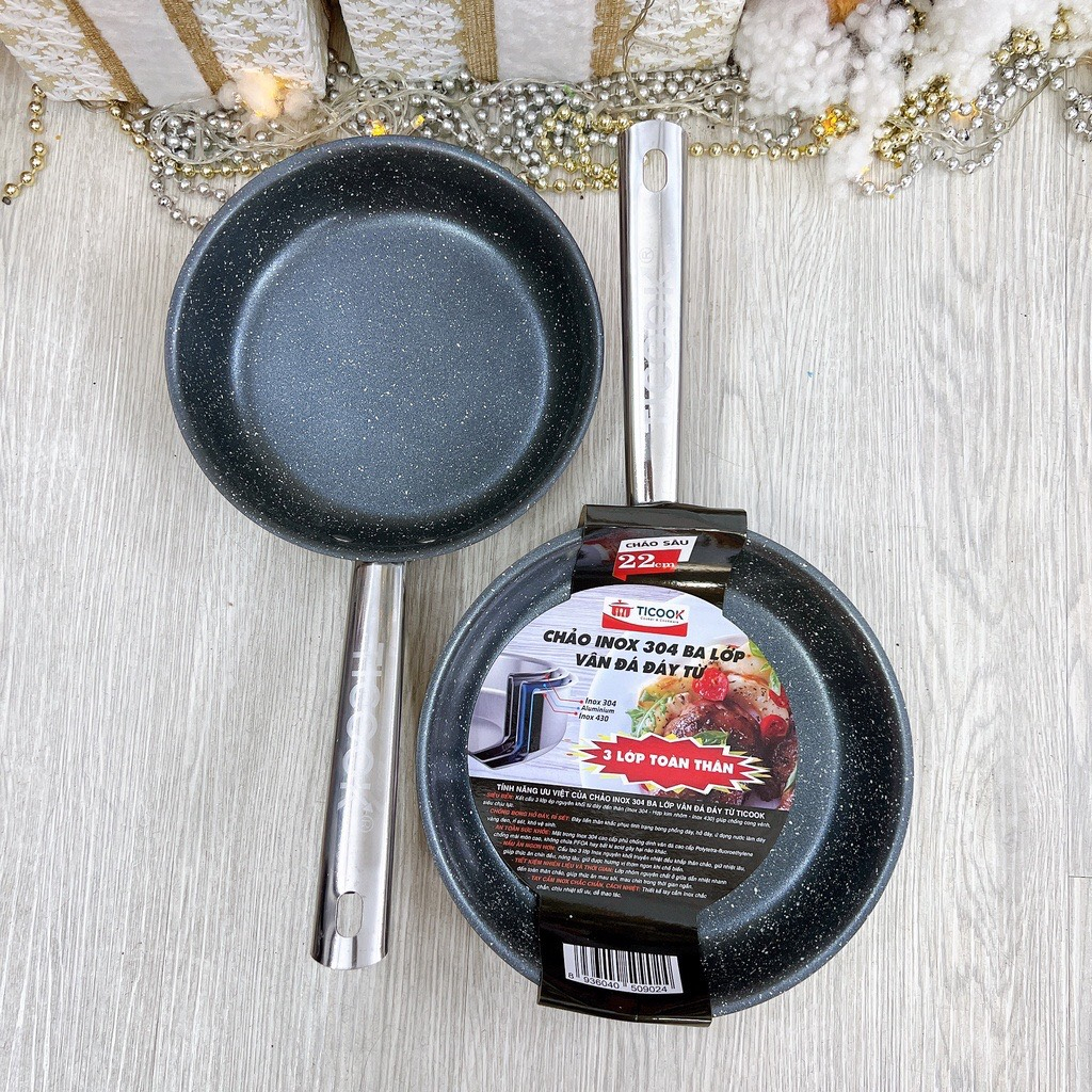 Chảo chống dính VÂN ĐÁ Inox 304  CAO CẤP TICOOK 3 LỚP TOÀN THÂN -  dùng mọi loại bếp
