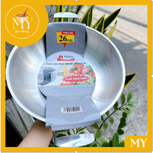 Chảo Inox  2 quai Sâu lòng 304 Ba Lớp Đáy Từ  Cao Cấp (Ticook)