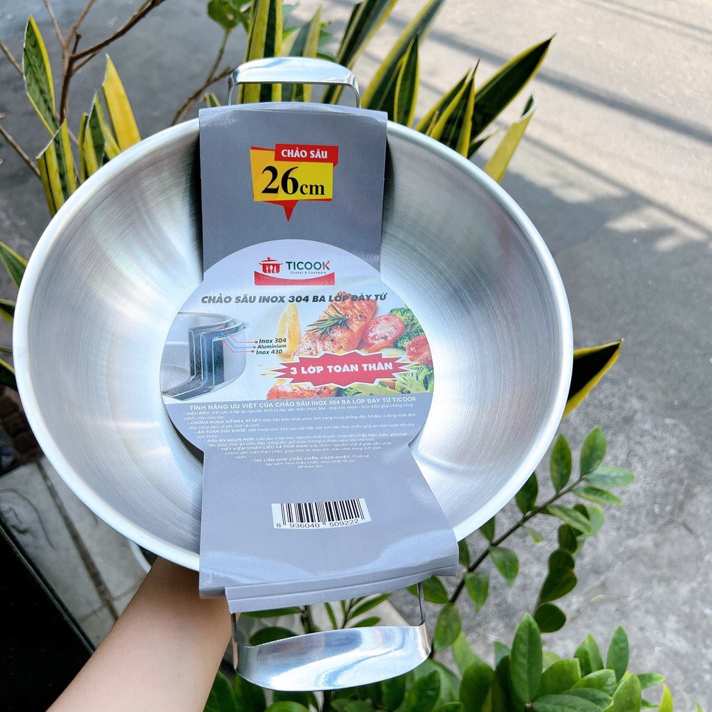 Chảo Inox  2 quai Sâu lòng 304 Ba Lớp Đáy Từ  Cao Cấp (Ticook)