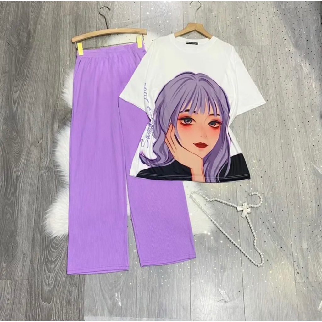 Đồ bộ nữ quần ống rộng suông bigsize ESHOP Đồ mặc nhà nữ cạp cao quần gân len tăm form rộng tay lửng co giãn đẹp DB69