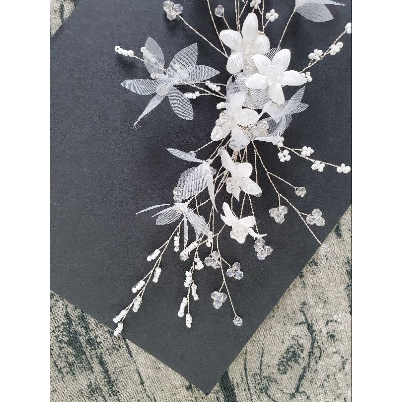 Bộ đôi cài tóc cô dâu hàng thủ công hoa voan phối pha lê cao cấp