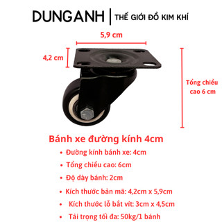 Bánh xe đẩy hàng loại 4cm Kim Khí Dung Anh, bộ 4 bánh xe đẩy hàng xoay 360 độ, có khoá chống trượt
