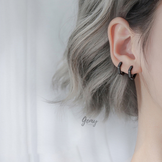 Khuyên tai bạc tròn nam nữ màu đen s925 nhiều mẫu độc lạ unisex (1 chiếc) | GEMY SILVER KN93
