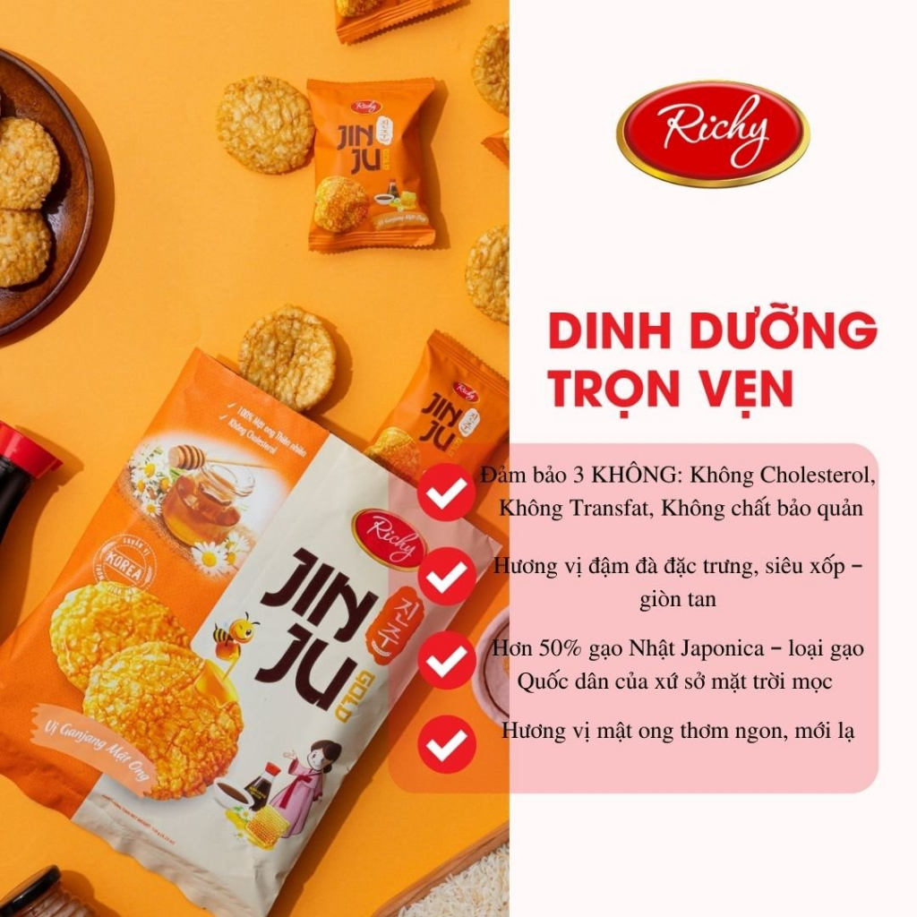 [HCM | MUA 3 TĂNG 1]  Tổng 4 gói bánh gạo Hàn Quốc Jinju Richy vị cốm sữa ganjang mật ong và bò nướng tiêu