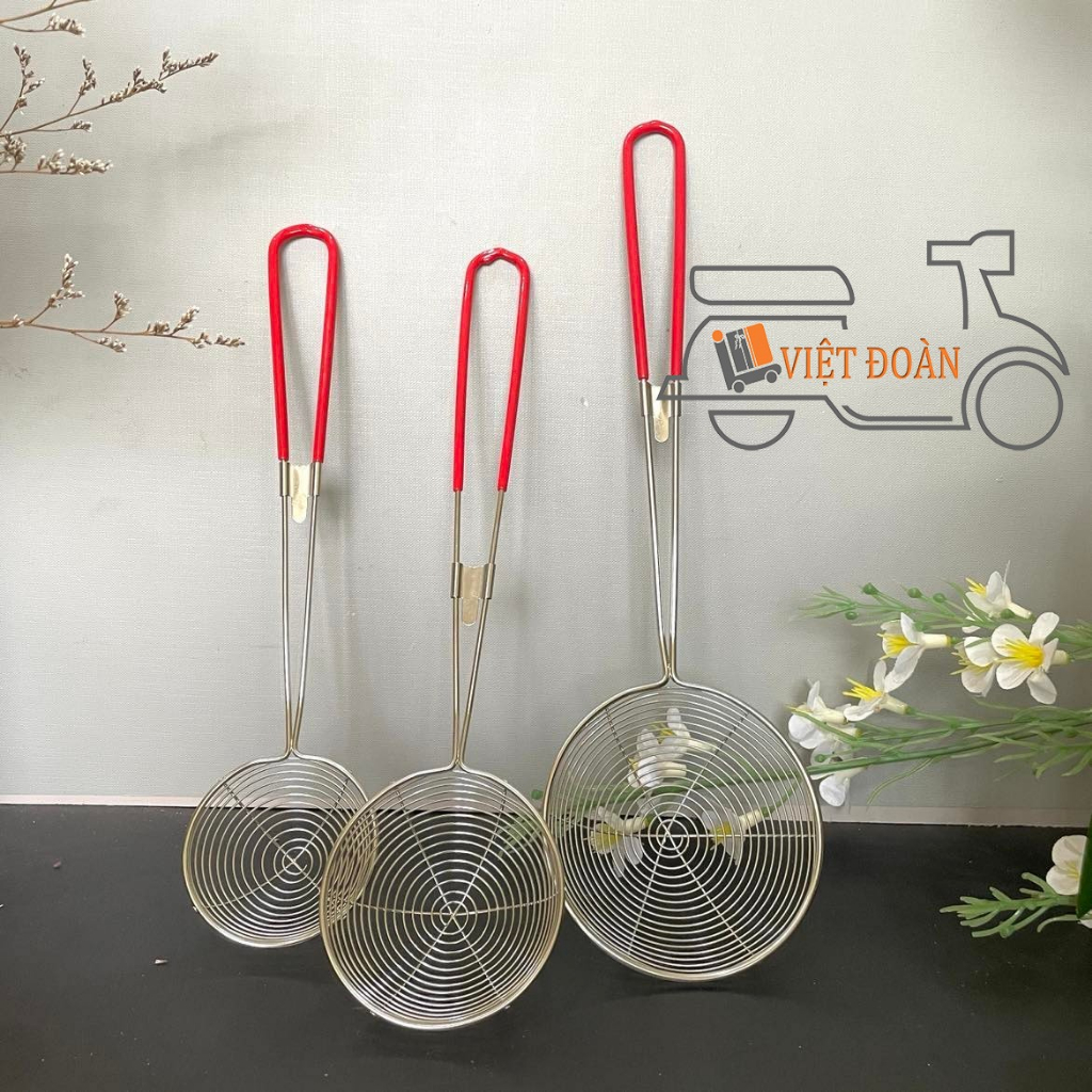 (Vợt cán đỏ) VỢT VÒNG TRÒN inox dày - cán nhựa đỏ . Múc thạch, trân ...