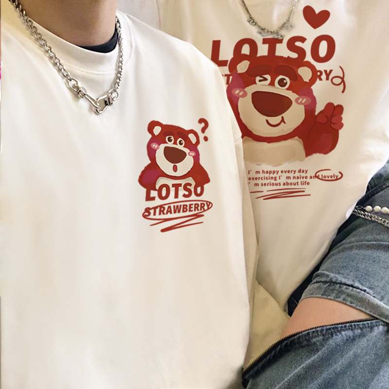 Áo Thun Cặp Đôi HappyTee - Áo Đôi Form Rộng Gấu Lotso Strawberry Chất Cotton 100 Cao Cấp