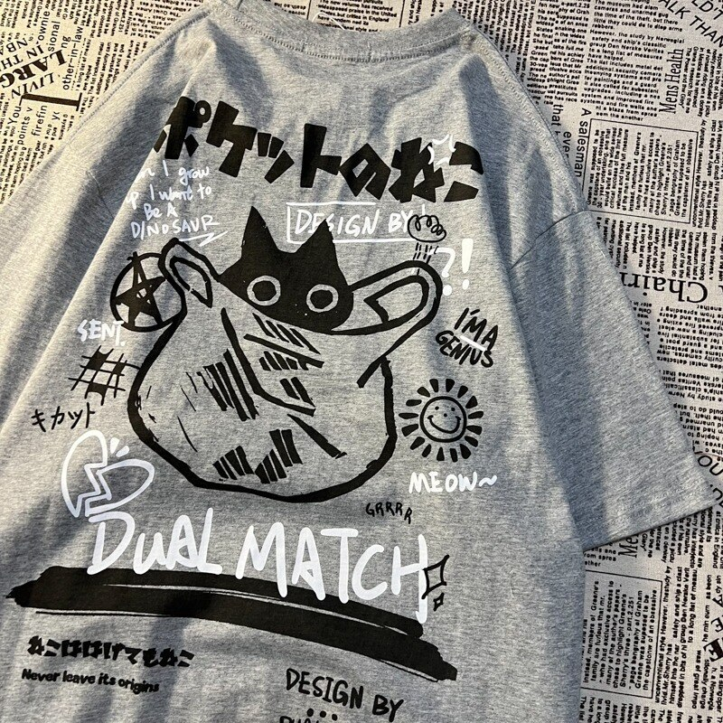 Áo Thun HappyFamily Form Rộng In Nhiều Hoạt Tiết Dual Match  Chất Cotton 100 Cao Cấp Màu Trắng Xám