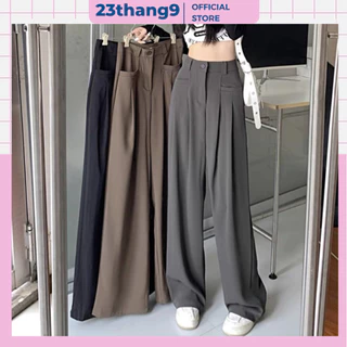 Quần ống rộng nữ , quần ống suông nữ lưng cao túi trước màu đen màu nâu vải Ruby dày dặn dáng culottes 100cm 23thang9