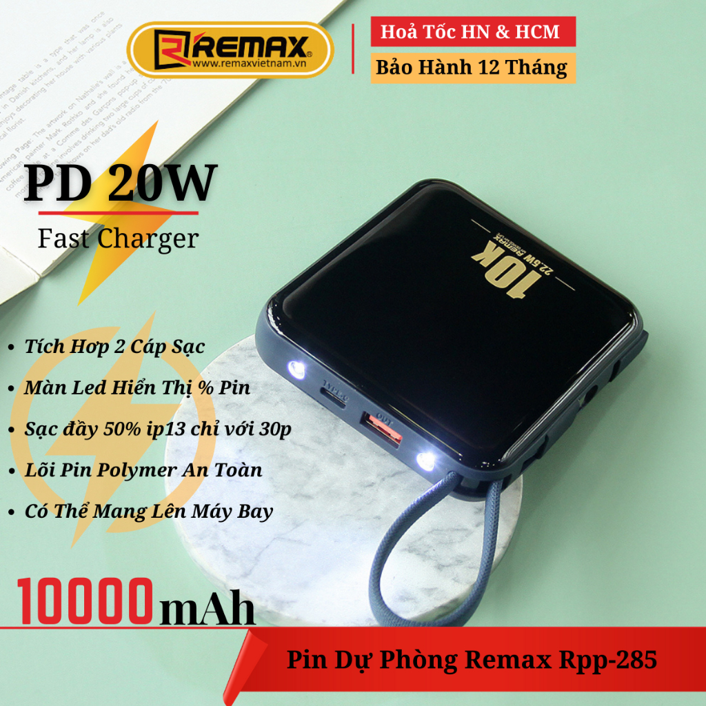 Pin Sạc Dự Phòng 10000mah Kèm Cáp Sạc Nhanh 22.5W - Remax RPP-285 - Bảo ...