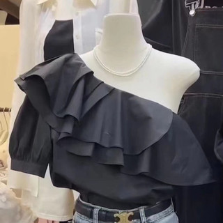 Áo lệch vai nữ sexy, Áo kiểu trễ một bên vai cộc tay dáng rộng cổ phối bèo siêu đẹp sang trọng, quyến rũ kèm ảnh thật