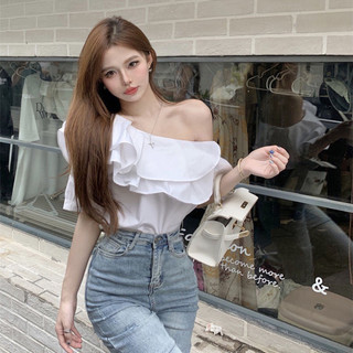 Áo lệch vai nữ sexy, Áo kiểu trễ một bên vai cộc tay dáng rộng cổ phối bèo siêu đẹp sang trọng, quyến rũ kèm ảnh thật
