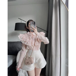 SET ÁO VOAN TƠ CỔ BÈO ĐÍNH TAG NƠ & SHORT⚡HỎA TỐC⚡ MEOINDAHOUSE