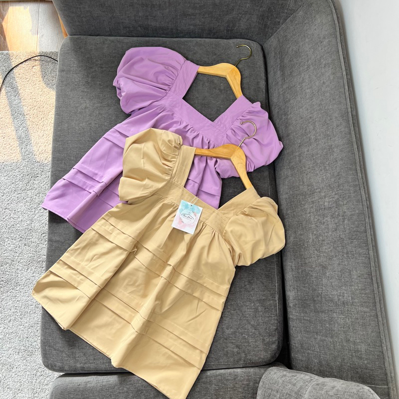 Sét áo cổ vuông tay bồng dáng babydoll kèm quần sooc đen ống rộng SET0101