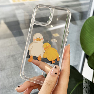 Ốp lưng iphone trong suốt siêu dày cặp đôi chú vịt viền vuông nút bấm kim loại dành cho ip 6 đến 16promax - sd2515