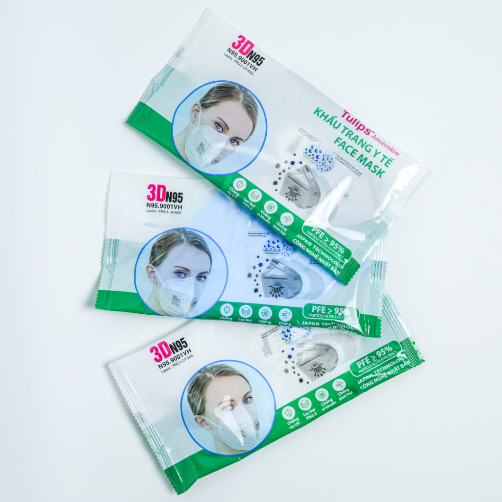 Combo 5 Khẩu Trang Y Tế Face Mask 3D N95 Tulips có Van thở Ôm Khít Vùng Mũi Kháng Khuẩn Cao