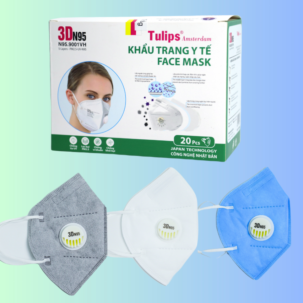 Combo 5 Khẩu Trang Y Tế Face Mask 3D N95 Tulips có Van thở Ôm Khít Vùng Mũi Kháng Khuẩn Cao