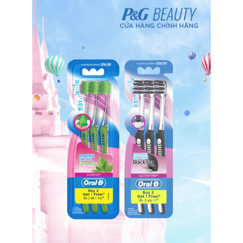 Bàn chải OralB tinh chất Trà Xanh/ Trà Đen vỉ 3 cây (Mua 2 tặng 1)