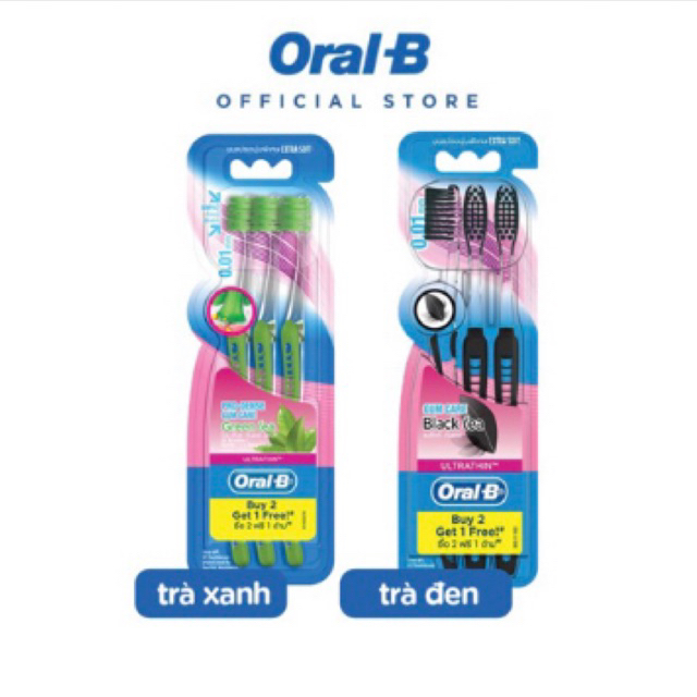Bàn chải OralB tinh chất Trà Xanh/ Trà Đen vỉ 3 cây (Mua 2 tặng 1)