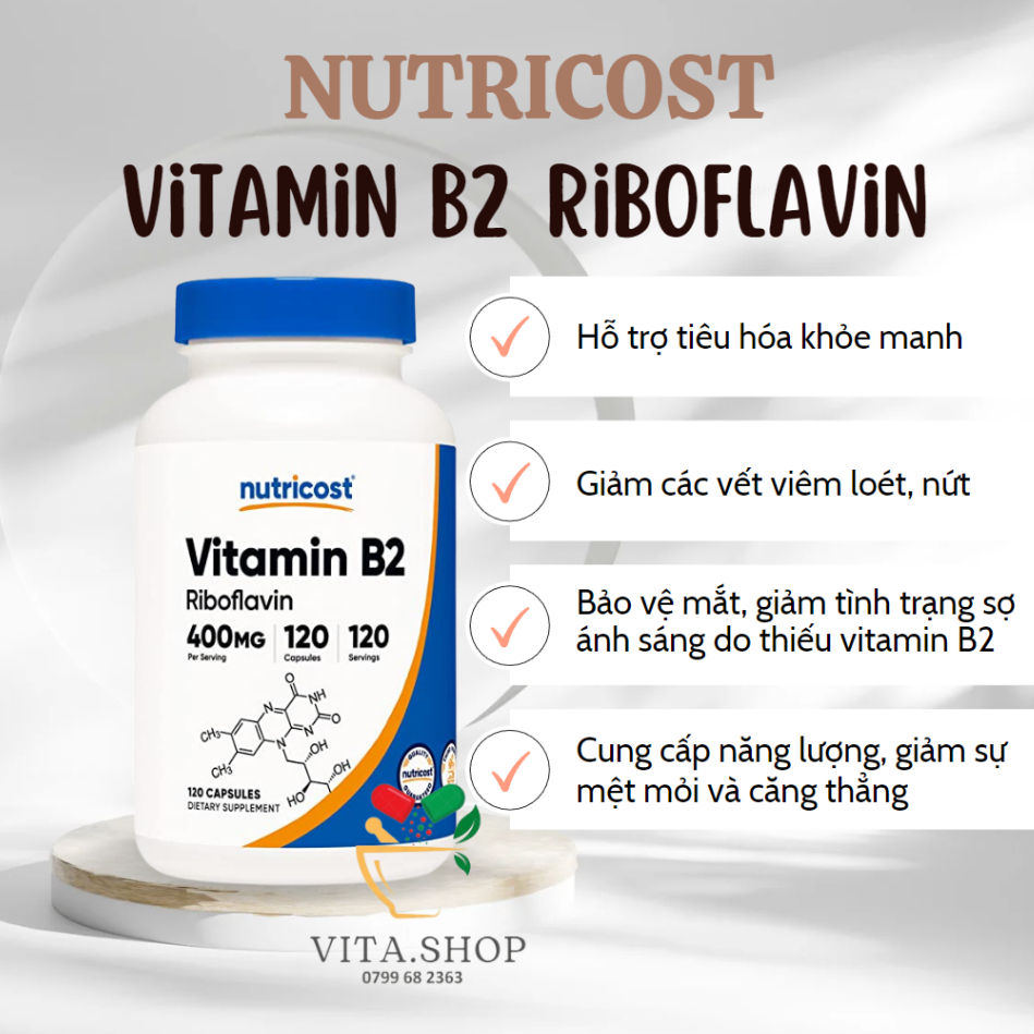 Nutricost Viên uống bổ sung vitamin B2 Riboflavin 400mg cung cấp năng