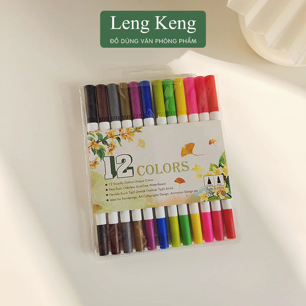 Bộ brush 12 bút 2 đầu viết calligraphy LengKeng bút dạ màu marker đa năng trang trí sổ, bullet jouna