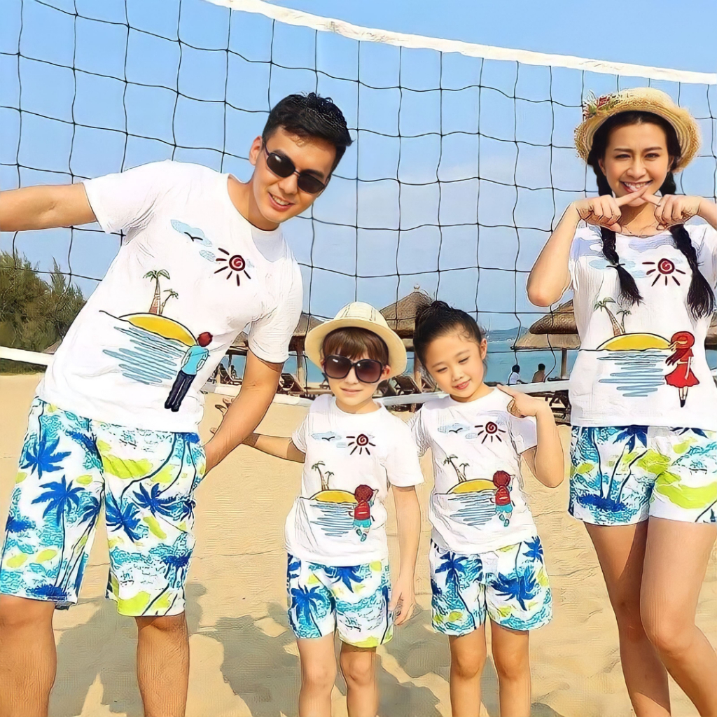 Đồ đi biển cho gia đình gồm áo và quần họa tiết dễ thương mát mẻ chuẩn form chất áo cotton mát mẻ