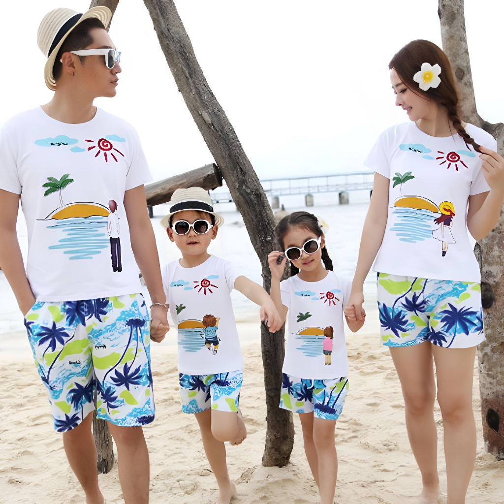 Đồ đi biển cho gia đình gồm áo và quần họa tiết dễ thương mát mẻ chuẩn form chất áo cotton mát mẻ