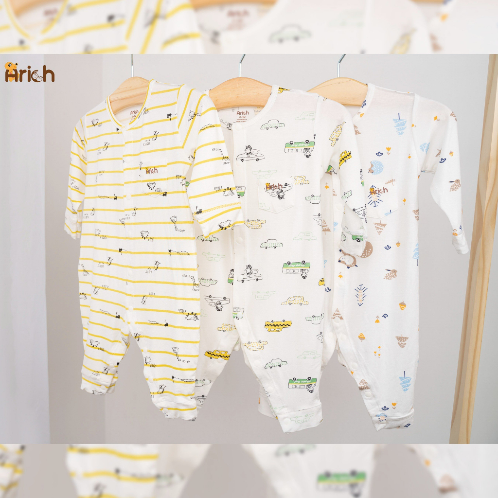 Bộ Body dài tay họa tiết Arich petit vải sợi tre, cho bé 0-18 tháng, mềm, mịn, mát
