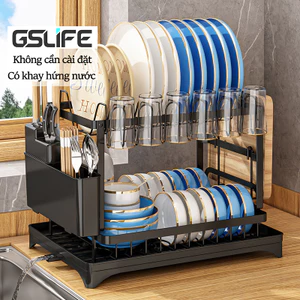 GSlife Kệ Chén Bát Đĩa 2 Tầng Gấp Gọn Thép Carbon Cho Nhà Bếp 43cm, Có Khay Hứng Nước, Màu Đen/Trắng