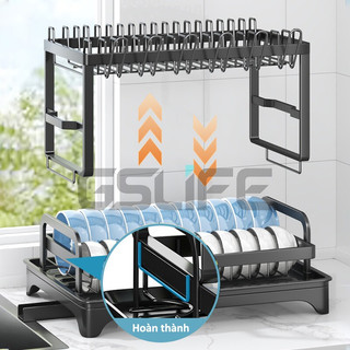 GSlife Kệ Chén Bát Đĩa 2 Tầng Gấp Gọn Thép Carbon Cho Nhà Bếp 43cm, Có Khay Hứng Nước, Màu Đen/Trắng